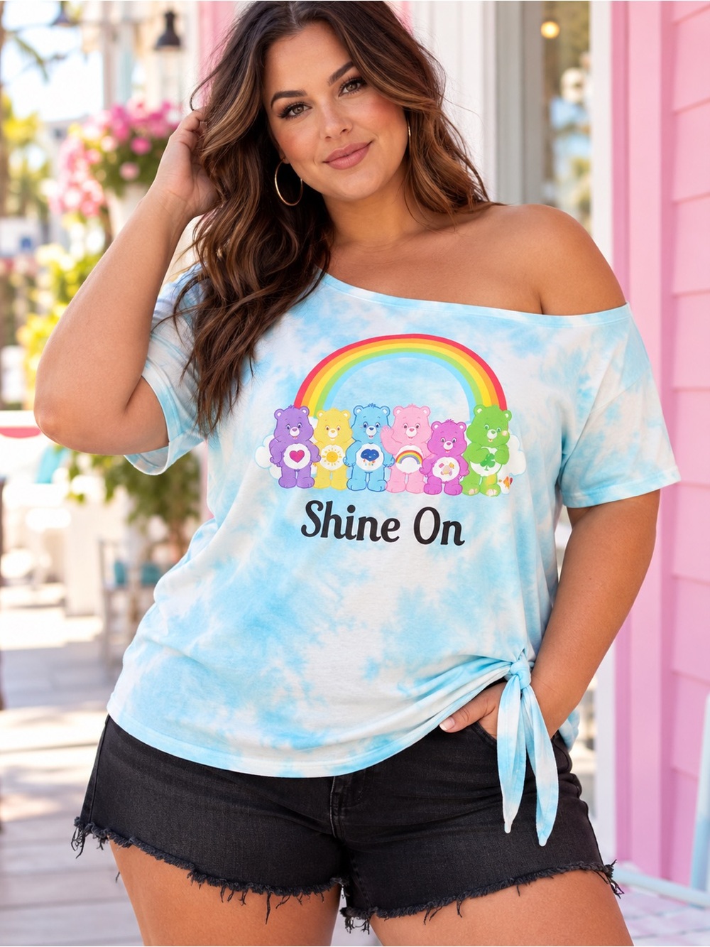 TORRID X CARE BEARS “Shine On” Off-Shoulder Tie-Dye Tee Blue White Sz 1X 14/16